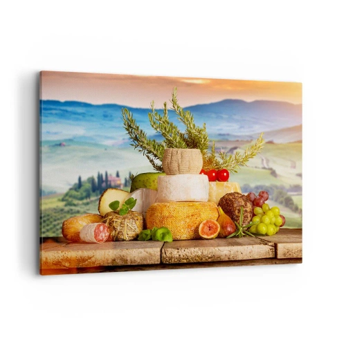Quadro su tela - Stampe su Tela - Una composizione di formaggi e frutta sullo sfondo del paesaggio toscano - 120x80cm - La gioia italiana della vita - Decorazione murale moderna per soggiorno e camera da letto ARTTOR