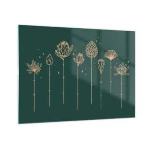 Quadro su vetro - Contorni dorati di erbe e fiori su uno sfondo verde scuro - 70x50cm - La famiglia delle erbe - Decorazione murale moderna per soggiorno e camera da letto ARTTOR