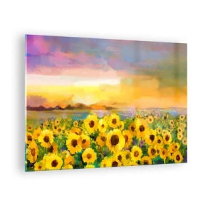 Quadro su vetro - Un campo di girasoli alla luce del sole al tramonto - 70x50cm - Il sole è sceso sulla terra - Decorazione murale moderna per soggiorno e camera da letto ARTTOR