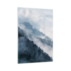Quadro su vetro - Panorama montano nebbioso con una foresta oscura - 50x70cm - La mistica dei monti - Decorazione murale moderna per soggiorno e camera da letto ARTTOR