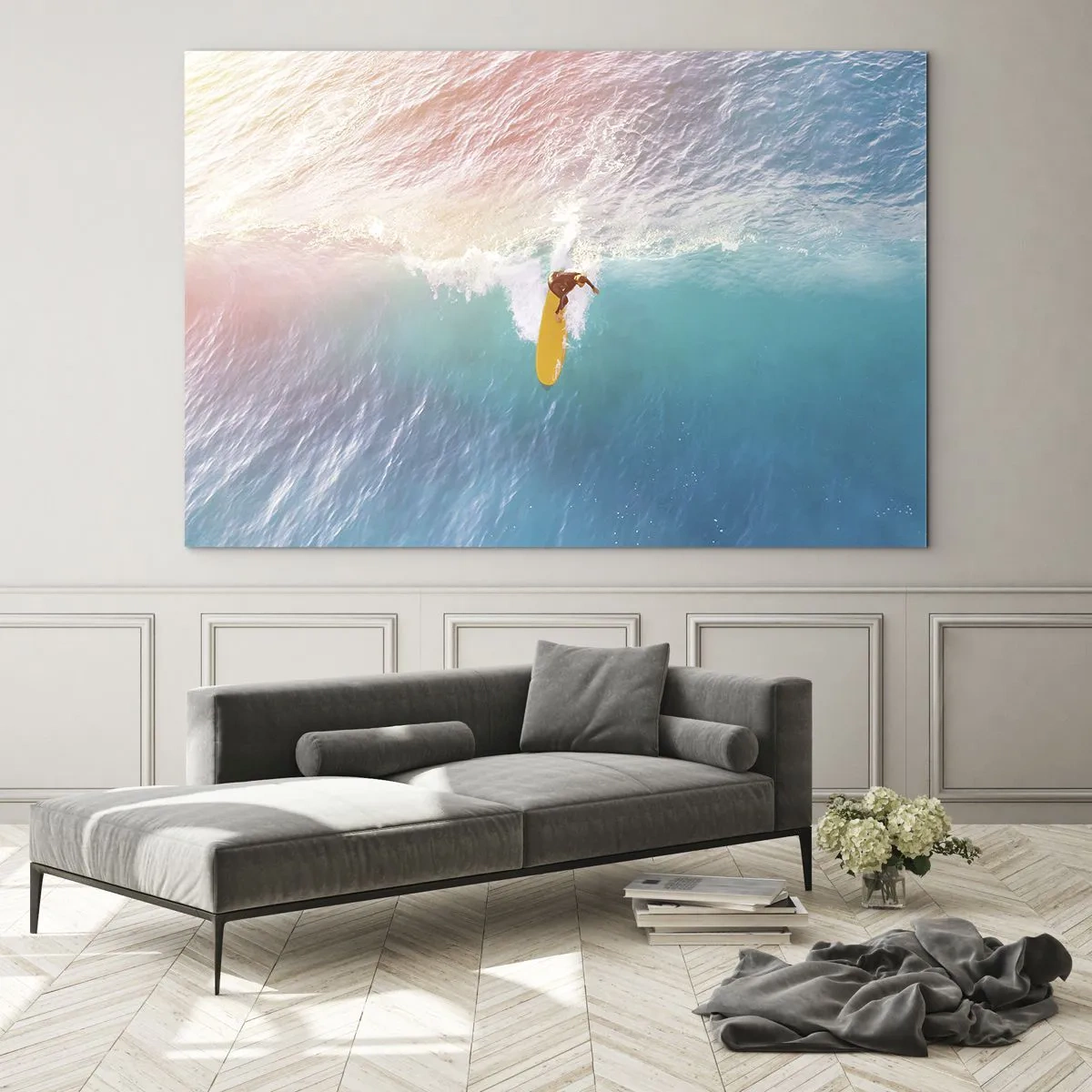 Quadro su vetro - Surfista che cavalca un'onda nell'oceano turchese - 70x50cm - Il cavaliere dell'oceano - Decorazione murale moderna per soggiorno e camera da letto ARTTOR