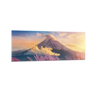 Quadro su vetro - Il monte Fuji con i fiori di ciliegio sullo sfondo al tramonto - 140x50cm - Sacralità giapponese - Decorazione murale moderna per soggiorno e camera da letto ARTTOR