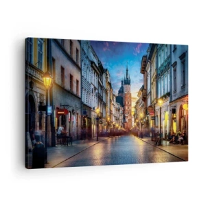 Quadro su tela - Stampe su Tela - Strada serale con vista sulla Cattedrale di Cracovia - 70x50cm - La magia di Cracovia - Decorazione murale moderna per soggiorno e camera da letto ARTTOR