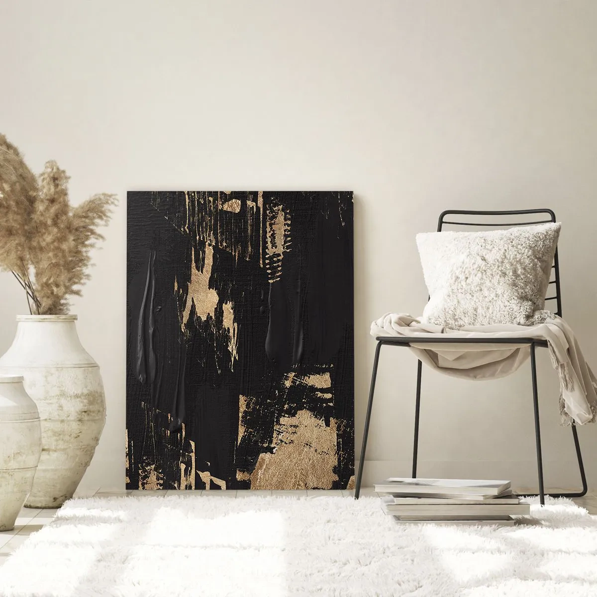 Quadro su vetro - Astrazione nera e oro con una texture simile a una pennellata - 50x70cm - Tracce del contatto - Decorazione murale moderna per soggiorno e camera da letto ARTTOR