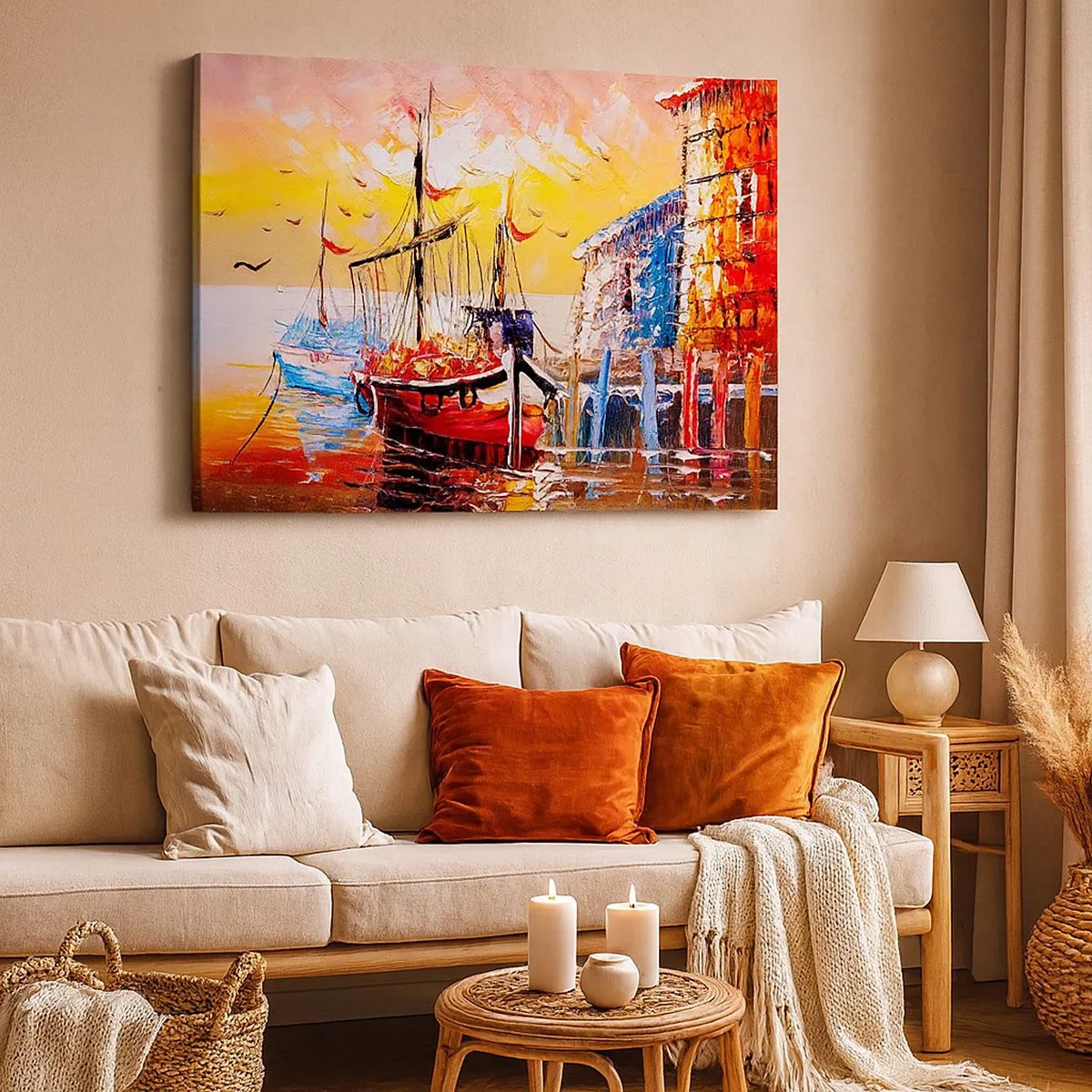 Quadro su tela - Stampe su Tela - Pittoresco porto al tramonto con barche da pesca - 70x50cm - Ritorno felice - Decorazione murale moderna per soggiorno e camera da letto ARTTOR