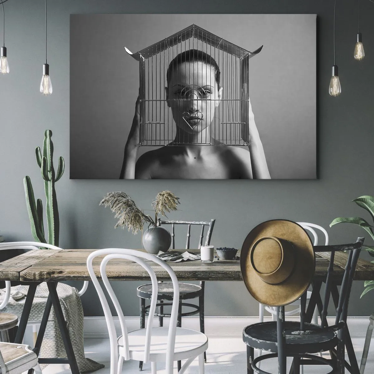 Quadro su tela - Stampe su Tela - Donna dietro una gabbia in stile surreale - 100x70cm - Ritratto un po' surreale - Decorazione murale moderna per soggiorno e camera da letto ARTTOR