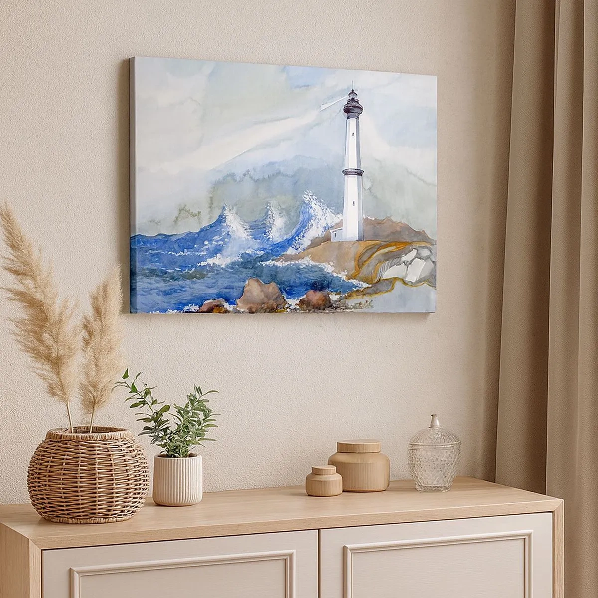 Quadro su tela - Stampe su Tela - Un faro su una costa rocciosa con mare agitato - 70x50cm - Contro il buio e le burrasche - Decorazione murale moderna per soggiorno e camera da letto ARTTOR