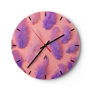 Orologio da parete - Orologio in Vetro - Piume viola su sfondo rosa - 30x30cm - L'uccello lilla del desiderio - Decorazione murale moderna per soggiorno, cucina e camera da letto ARTTOR