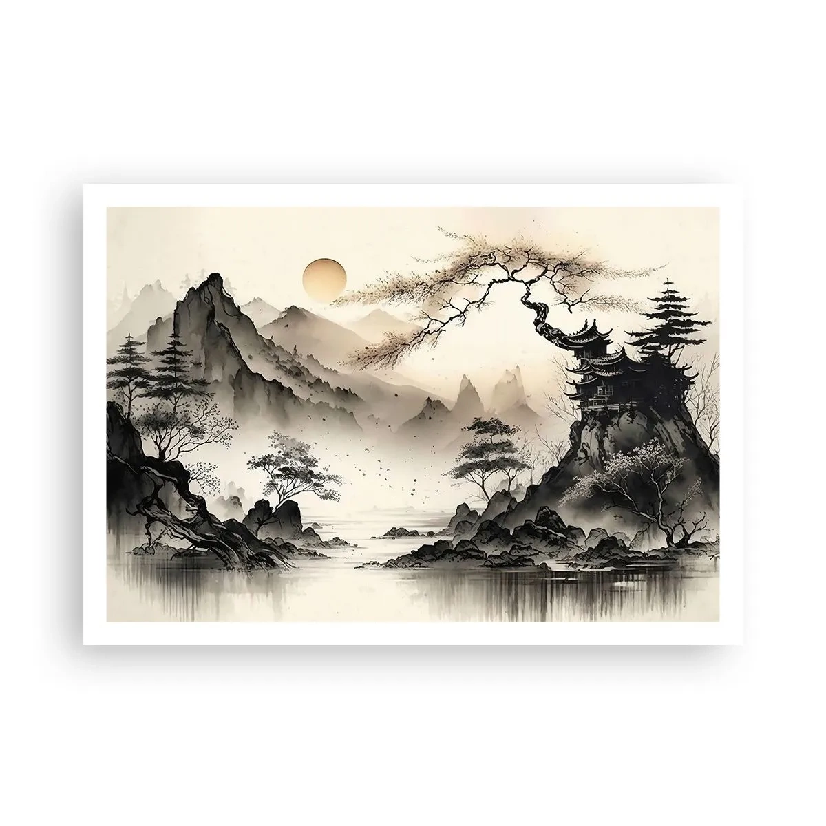 Poster - Un paesaggio orientale con montagne e una pagoda dalle tonalità delicate. - 100x70cm - Il fascino irripetibile dell'oriente - Decorazione murale moderna per soggiorno e camera da letto ARTTOR