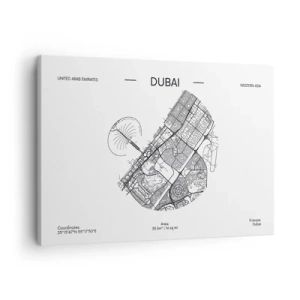 Quadro su tela - Stampe su Tela - Una mappa minimalista in bianco e nero di Dubai con indicazioni di posizione. - 70x50cm - Anatomia di Dubai - Decorazione murale moderna per soggiorno e camera da letto ARTTOR