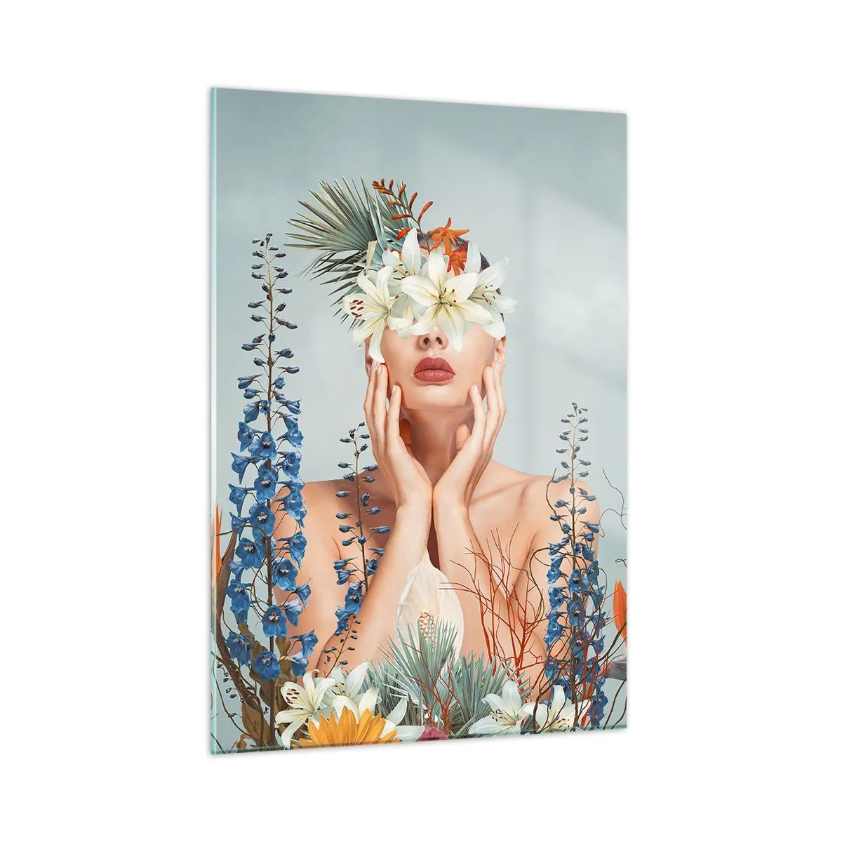 Quadro su vetro - Figura di donna con corona di fiori e composizione floreale - 50x70cm - Donna - fiore - Decorazione murale moderna per soggiorno e camera da letto ARTTOR