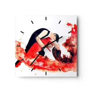 Orologio da parete - Orologio in Vetro - Un dinamico dipinto ad acquerello raffigurante una coppia che balla nei toni del rosso. - 30x30cm - Tango: un'onda di passione - Decorazione murale moderna per soggiorno e camera da letto ARTTOR