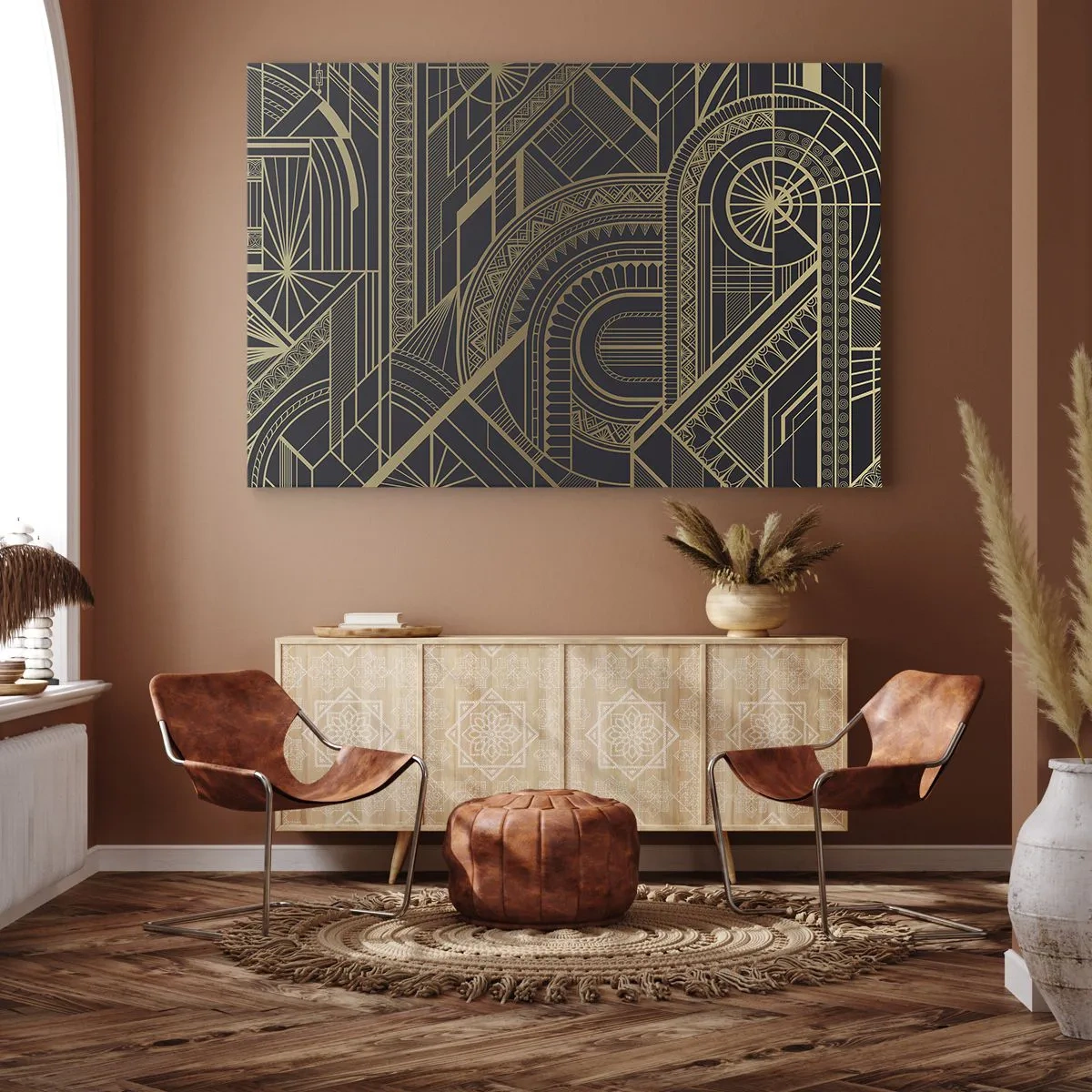 Quadro su tela - Stampe su Tela - Motivi geometrici dorati su sfondo nero in stile Art Déco - 70x50cm - Concetti, idee, progetti - Decorazione murale moderna per soggiorno e camera da letto ARTTOR