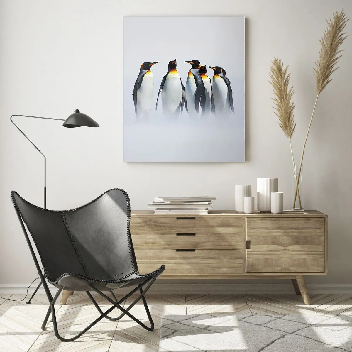 Quadro su vetro - Un gruppo di pinguini in uno scenario invernale - 50x70cm - Incontro in abito da sera - Decorazione murale moderna per soggiorno e camera da letto ARTTOR
