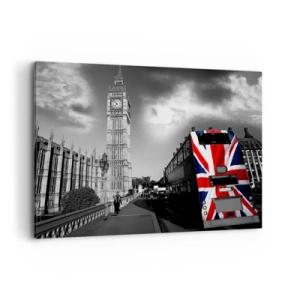 Quadro su tela - Stampe su Tela - Il Big Ben e un autobus con una bandiera britannica su uno sfondo bianco e nero - 120x80cm - Orgogliosa e grande - Decorazione murale moderna per soggiorno e camera da letto ARTTOR