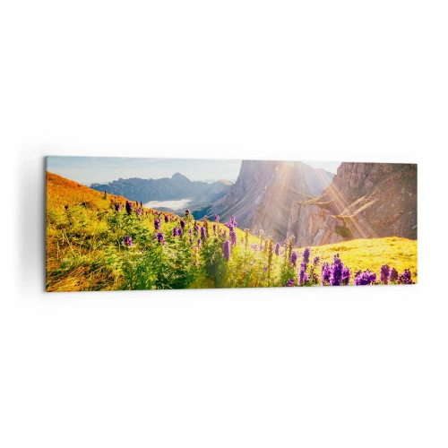 Quadro su tela - Stampe su Tela - Paesaggio montano con fiori alla luce del sole nascente - 160x50cm - La vita segreta delle erbe - Decorazione murale moderna per soggiorno e camera da letto ARTTOR