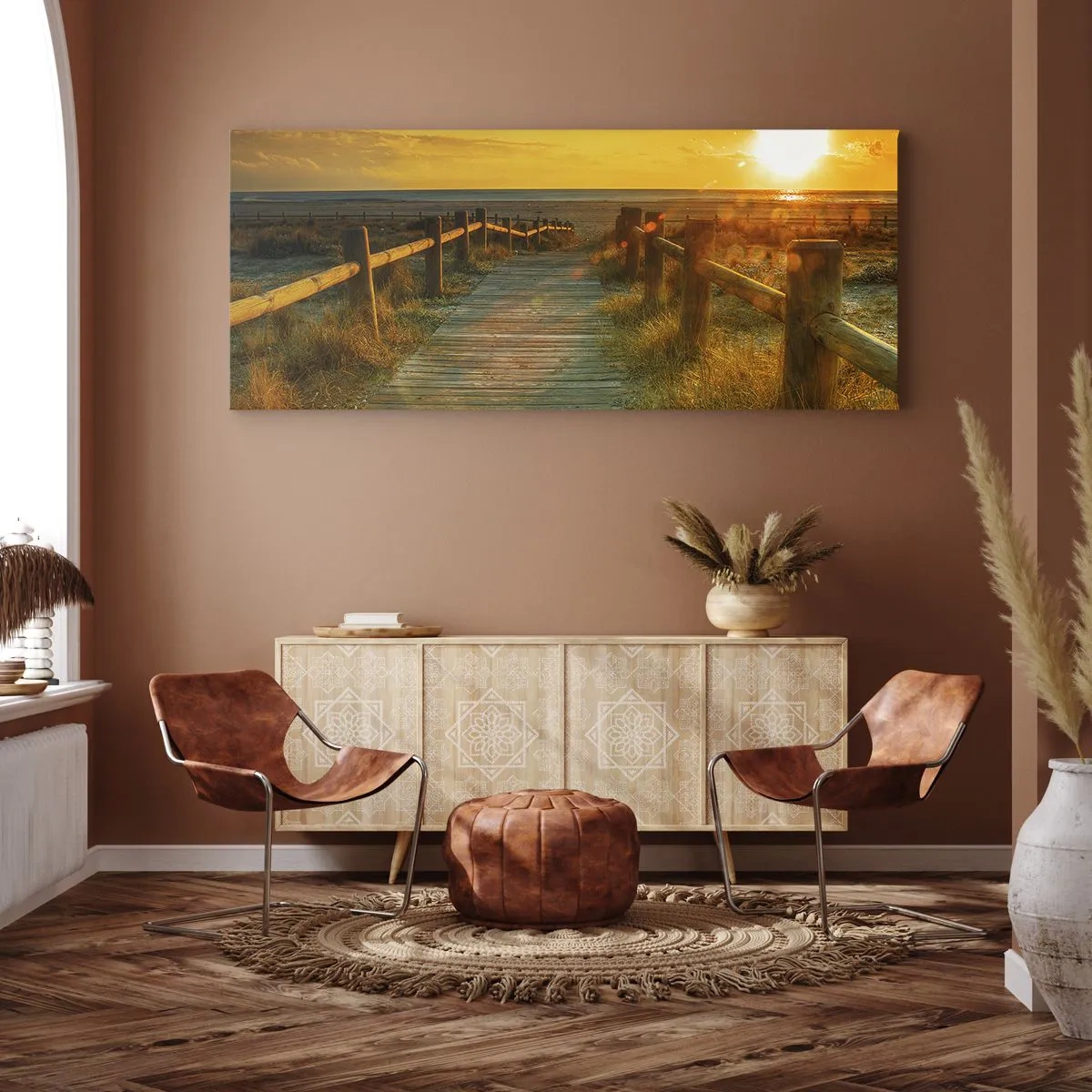 Quadro su tela - Stampe su Tela - Un sentiero in legno che conduce alla spiaggia al chiarore del sole al tramonto - 160x50cm - Immerse nell'oro vecchio - Decorazione murale moderna per soggiorno e camera da letto ARTTOR