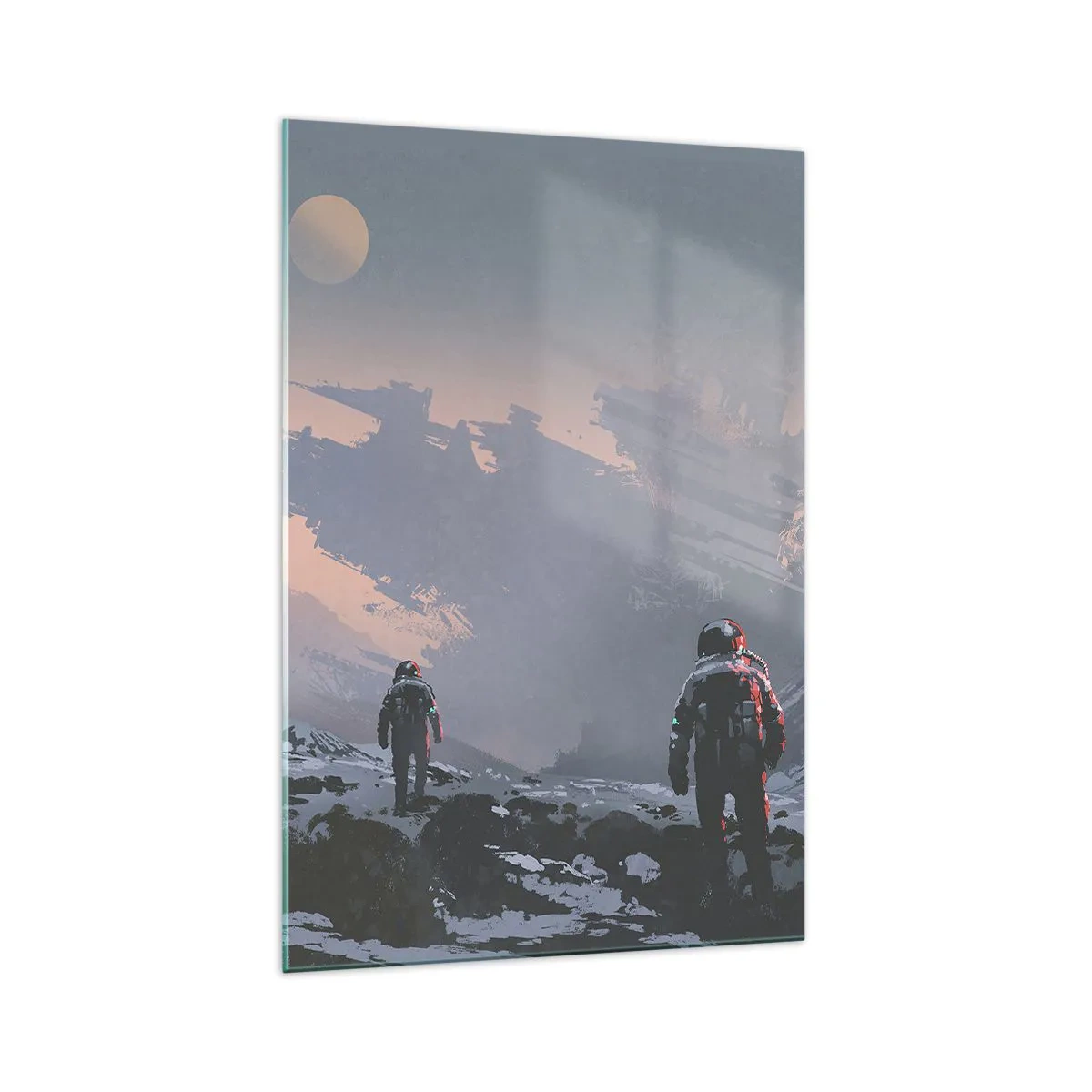 Quadro su vetro - Astronauti su un pianeta alieno con un relitto di astronave - 70x100cm - Sotto una stella sconosciuta - Decorazione murale moderna per soggiorno e camera da letto ARTTOR