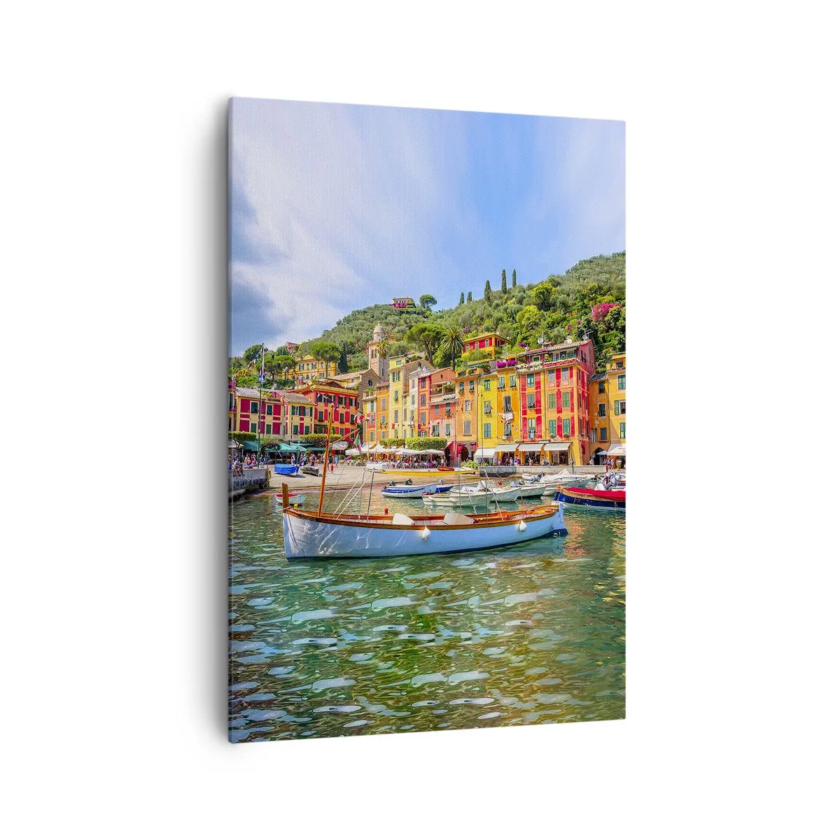 Quadro su tela - Stampe su Tela - Case a schiera colorate e barche in una città costiera italiana - 70x100cm - Mattino italiano - Decorazione murale moderna per soggiorno e camera da letto ARTTOR