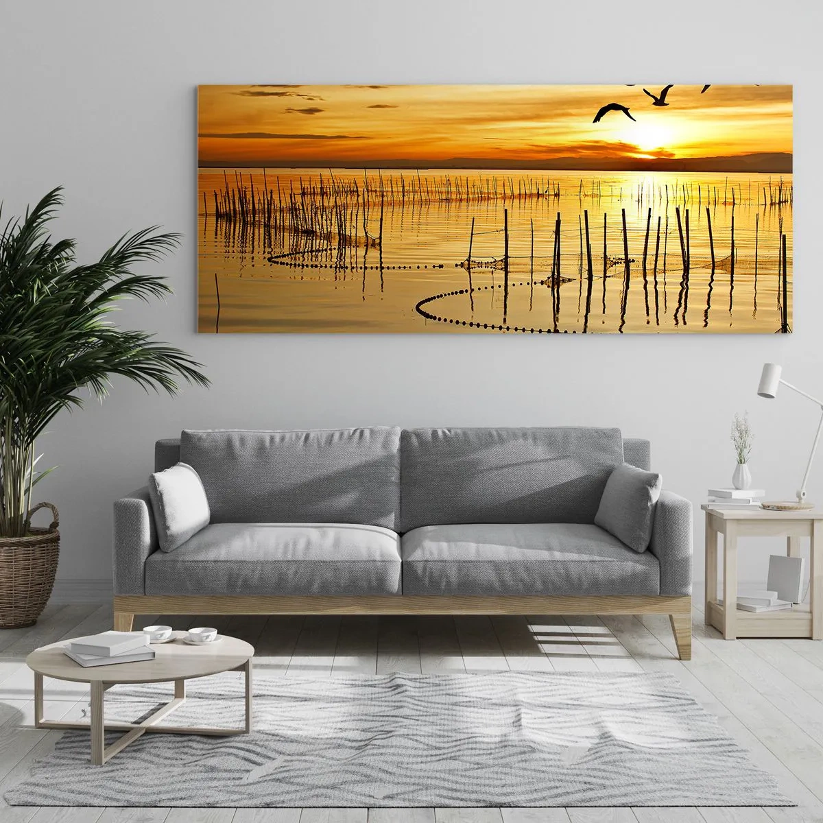 Quadro su vetro - Tramonto sull'acqua con uccelli in volo - 120x50cm - Alla pesca - Decorazione murale moderna per soggiorno e camera da letto ARTTOR