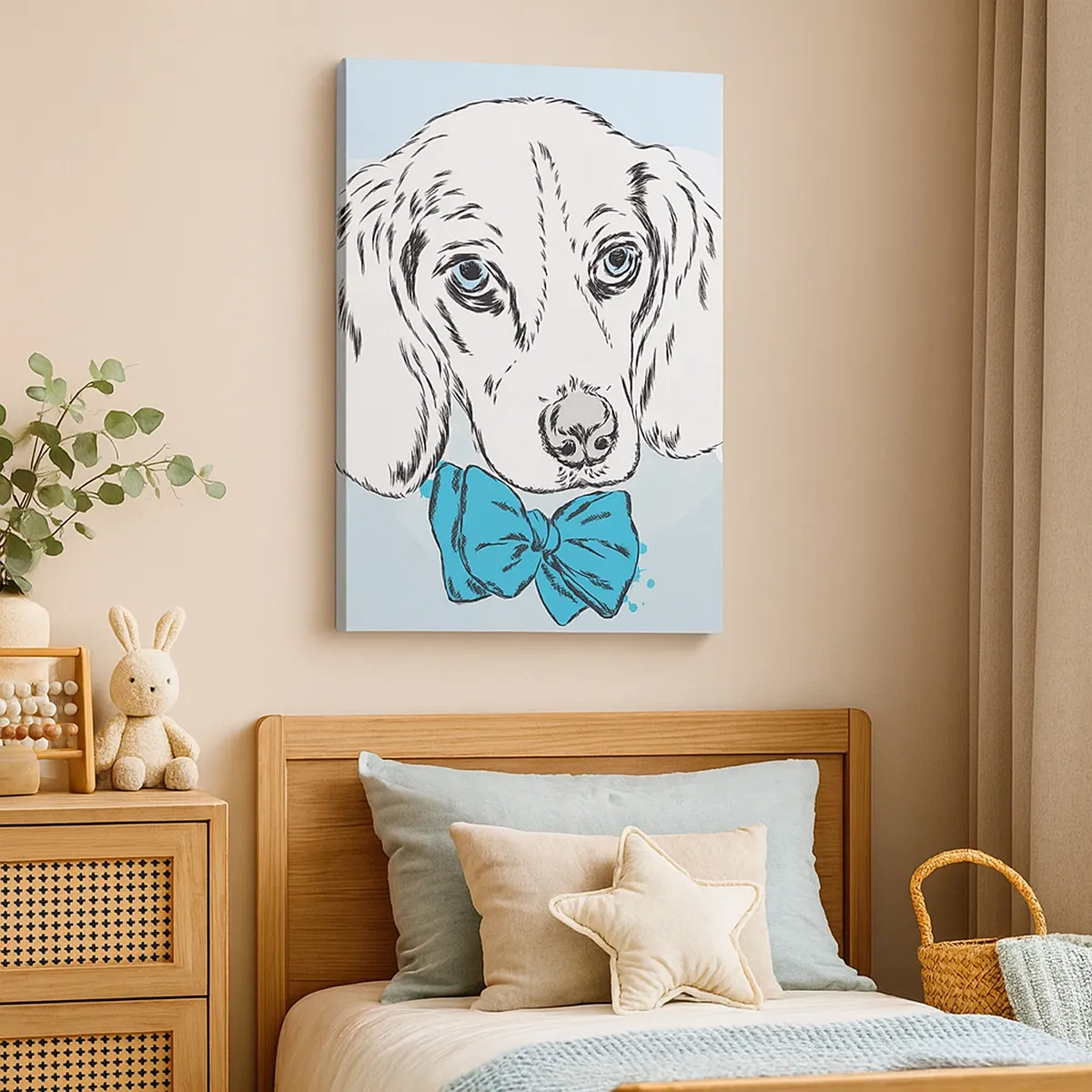 Quadro su tela - Stampe su Tela - Adorabile grafica di un cane con un papillon su uno sfondo pastello - 50x70cm - Eleganza canina - Decorazione murale moderna per soggiorno e camera da letto ARTTOR