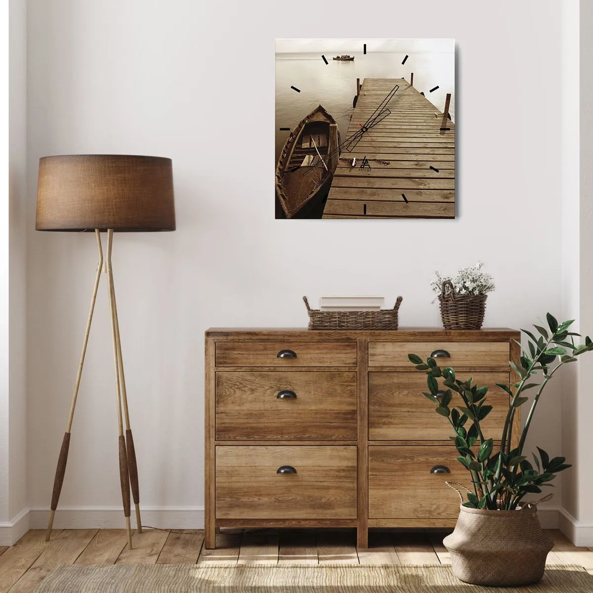 Orologio da parete - Orologio in Vetro - Molo di legno e barca su un lago calmo - 30x30cm - La grande pace - Decorazione murale moderna per soggiorno e camera da letto ARTTOR