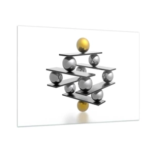 Quadro su vetro - Composizione geometrica con palline e piattaforme su sfondo bianco - 100x70cm - Equilibrio oro e argento - Decorazione murale moderna per soggiorno e camera da letto ARTTOR
