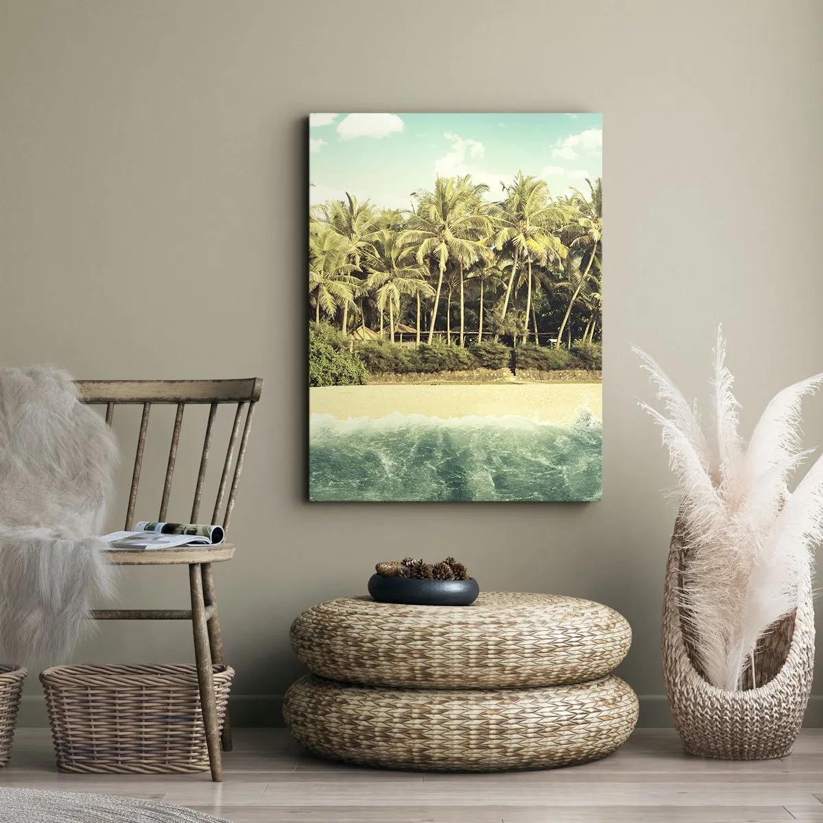 Quadro su tela - Stampe su Tela - Spiaggia tropicale con palme e mare turchese - 80x120cm - Forse qui? - Decorazione murale moderna per soggiorno e camera da letto ARTTOR