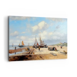 Quadro su tela - Stampe su Tela - Barche da pesca sulla spiaggia con figure umane - 100x70cm - Dopo una buona pesca - Decorazione murale moderna per soggiorno e camera da letto ARTTOR