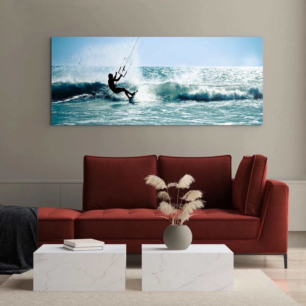 Quadro su vetro - Kitesurfer cavalca un'onda in pieno sole - 140x50cm - Fatti sollevare - Decorazione murale moderna per soggiorno e camera da letto ARTTOR