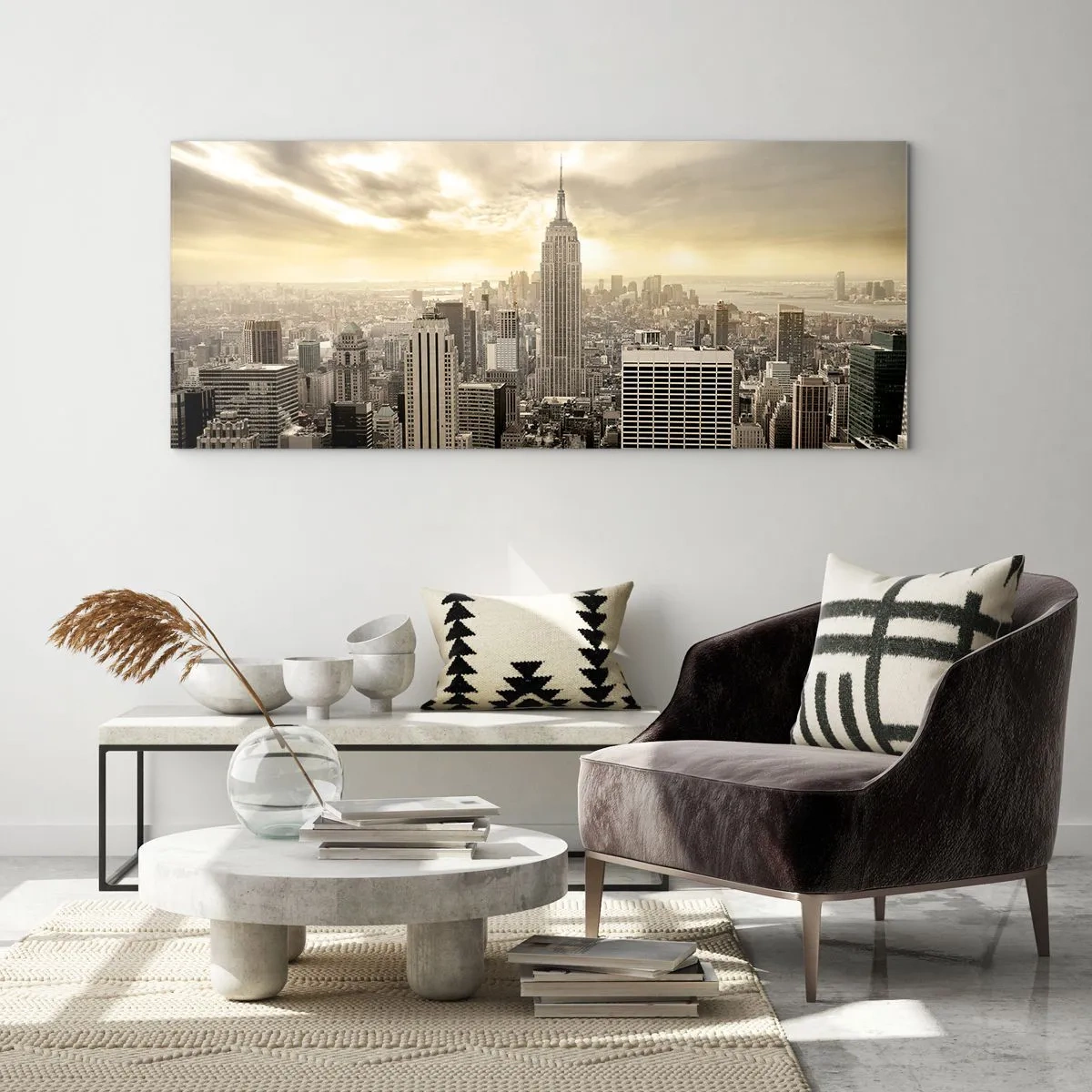 Quadro su vetro - Panorama della città con vista sull'Empire State Building - 140x50cm - New York in grigio - Decorazione murale moderna per soggiorno e camera da letto ARTTOR