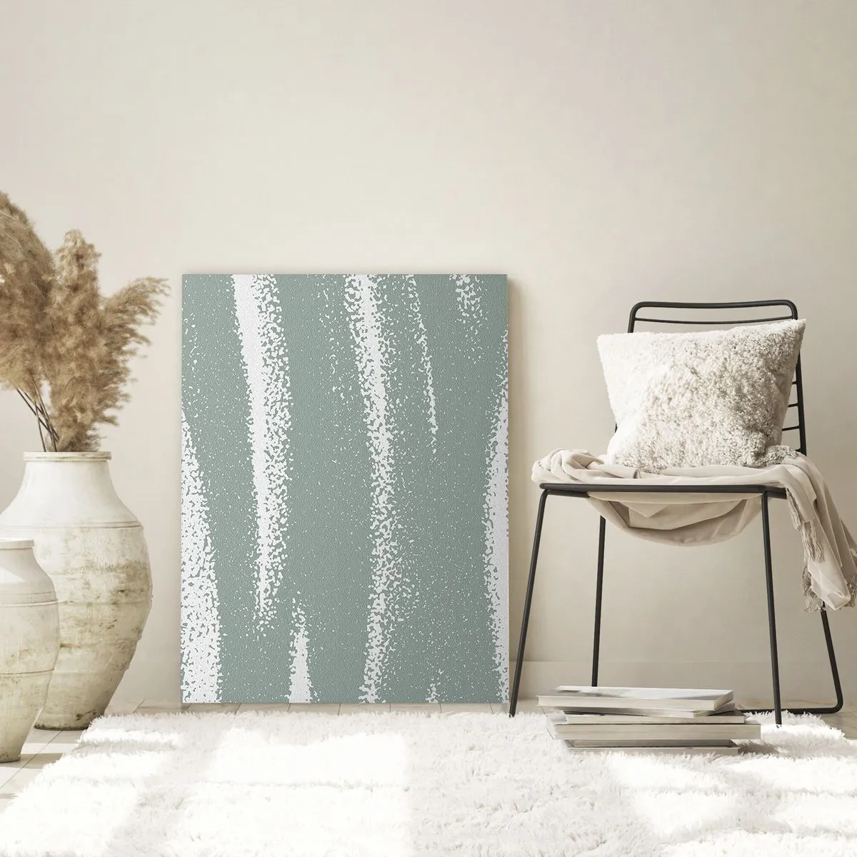 Quadro su vetro - Strisce bianche su uno sfondo verde freddo - 50x70cm - Astrazione in clima invernale - Decorazione murale moderna per soggiorno e camera da letto ARTTOR