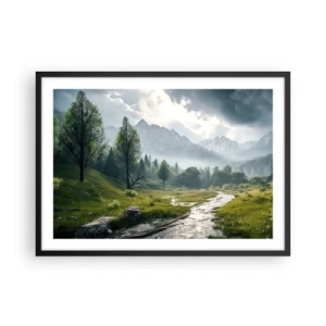Poster in cornice nera - Un paesaggio montano con un fiume e alberi circondati da montagne nebbiose - 70x50cm - Andata e ritorno - Decorazione murale moderna per soggiorno e camera da letto ARTTOR