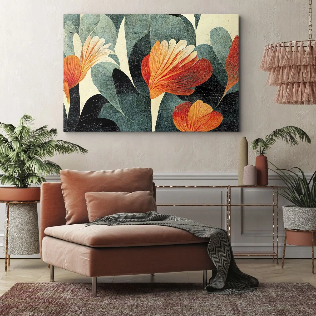 Quadro su tela - Stampe su Tela - Fiori dalle intense tonalità di arancione e verde - 120x80cm - Caldo dei tropici e fresco del verde - Decorazione murale moderna per soggiorno e camera da letto ARTTOR