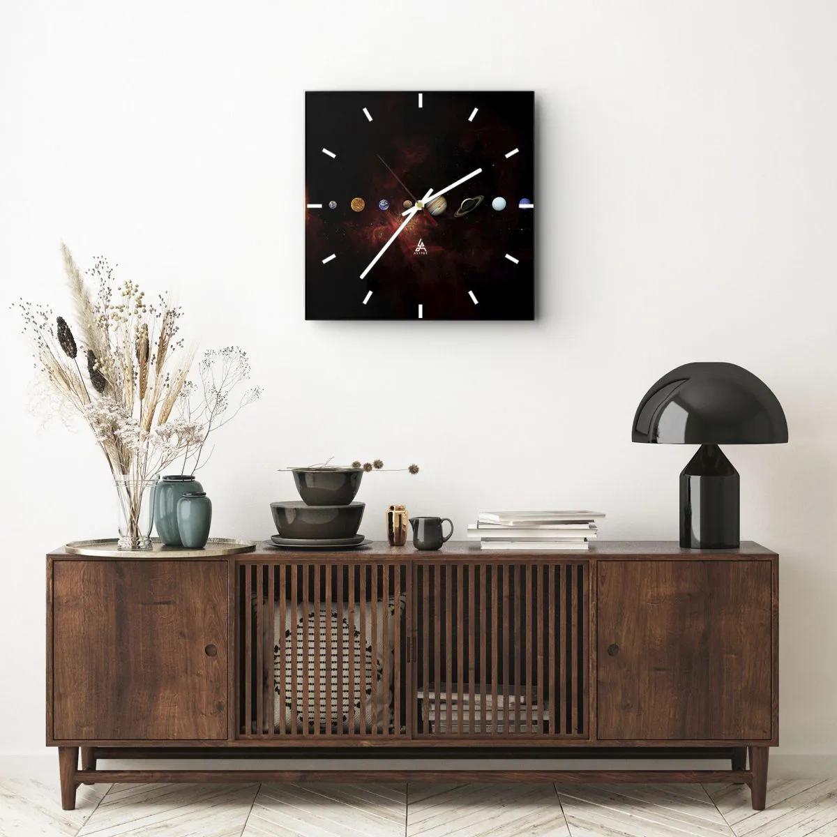 Orologio da parete - Orologio in Vetro - Il sistema solare con i pianeti sullo sfondo dello spazio - 30x30cm - Il nostro vicinato - Decorazione murale moderna per soggiorno e camera da letto ARTTOR