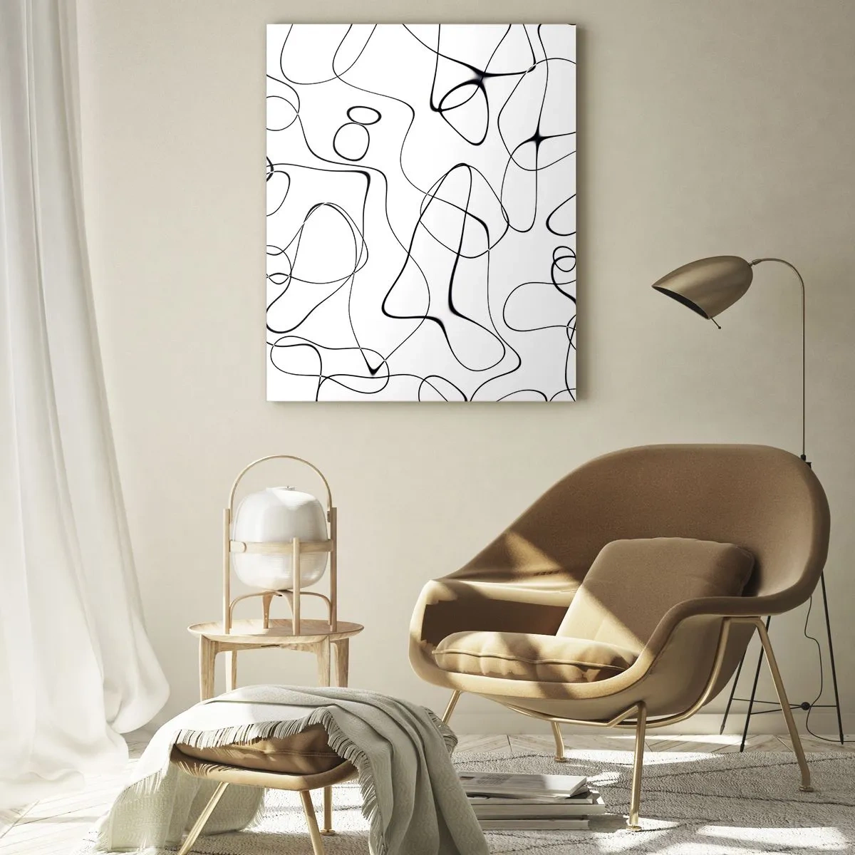 Quadro su vetro - Linee nere astratte su sfondo bianco - 50x70cm - Strade della vita, eventi del destino - Decorazione murale moderna per soggiorno e camera da letto ARTTOR