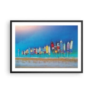 Poster in cornice nera - Barche colorate allineate in fila sulla riva - 70x50cm - A volo d'uccello - Decorazione murale moderna per soggiorno e camera da letto ARTTOR