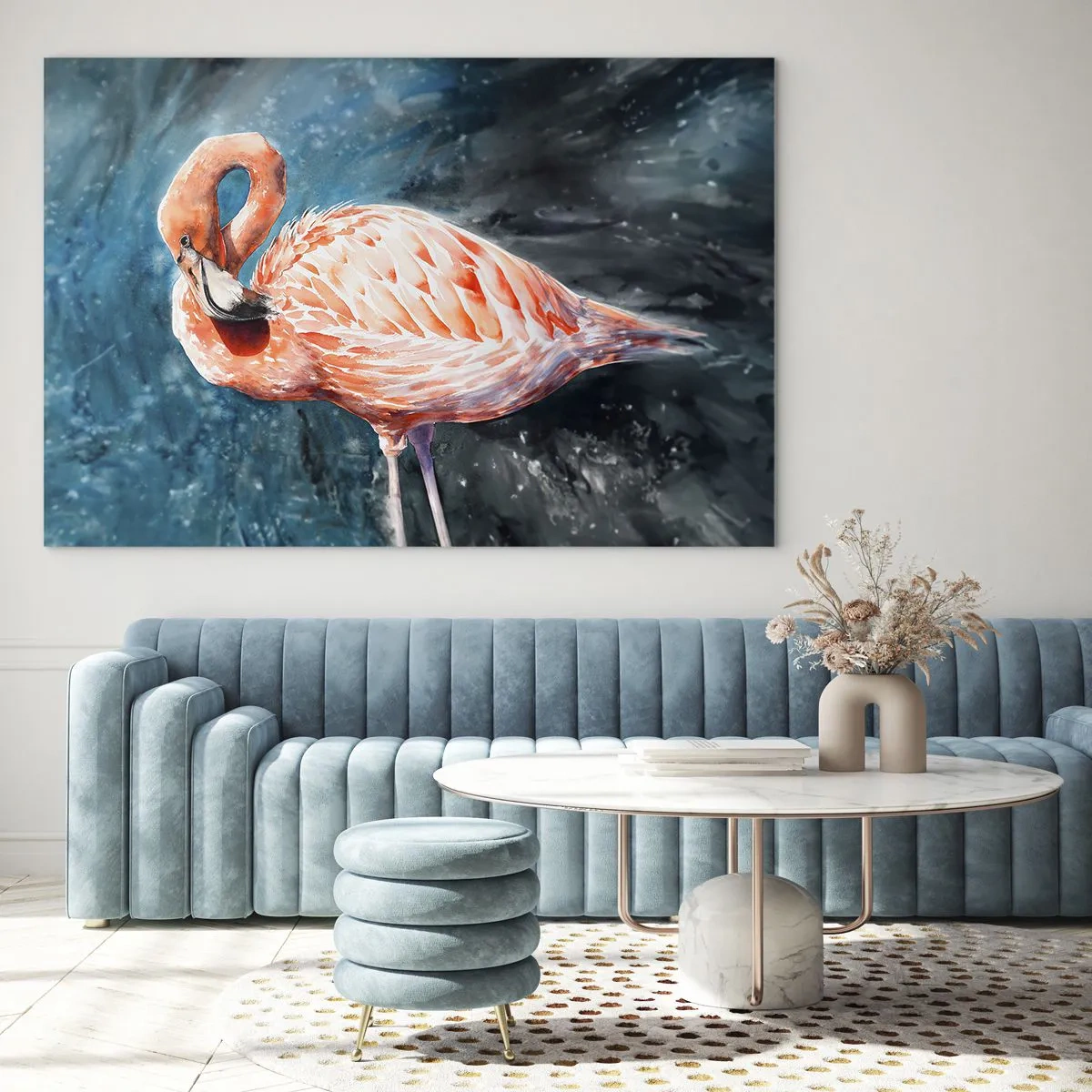 Quadro su vetro - Un fenicottero rosa su uno sfondo acquerello blu - 70x50cm - Naturalmente decorativo  - Decorazione murale moderna per soggiorno e camera da letto ARTTOR