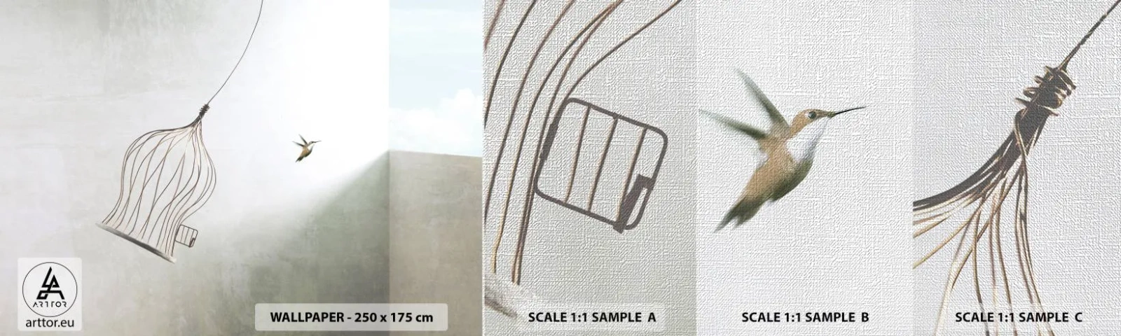 Campione di Fotomurale Premium Canvas - Nel proprio elemento - Astrazione, Uccello, Gabbia per uccelli - 100x30 cm