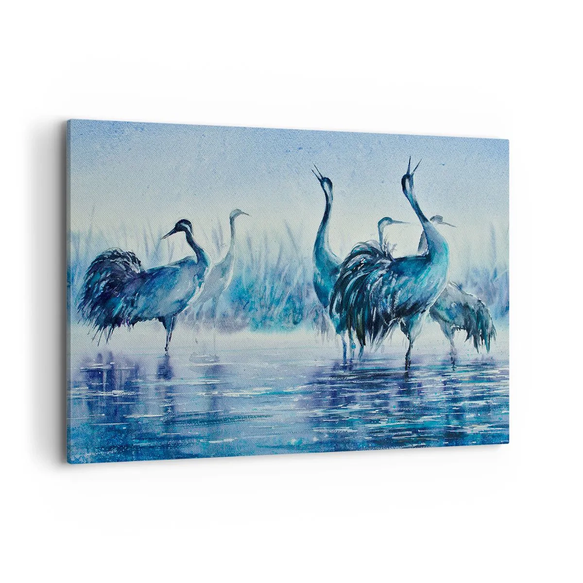 Quadro su tela - Stampe su Tela - Gru sullo sfondo di nebbia e acqua nei toni del blu - 100x70cm - Incontro mattutino - Decorazione murale moderna per soggiorno e camera da letto ARTTOR