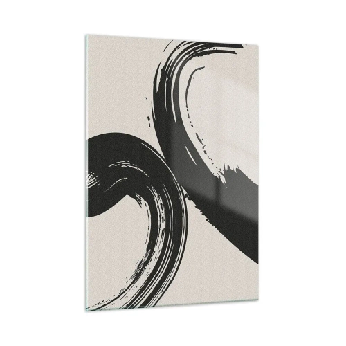 Quadro su vetro - Pennellate calligrafiche nere e dinamiche su uno sfondo chiaro. - 50x70cm - Energico e circolare - Decorazione murale moderna per soggiorno e camera da letto ARTTOR