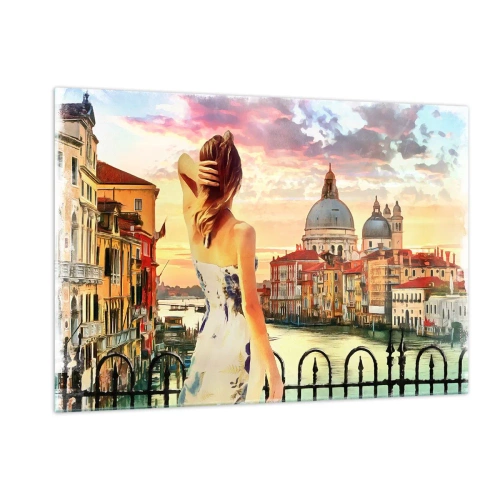 Quadro su vetro - Una donna ammira il panorama di Venezia al tramonto. - 120x80cm - Se un'avventura allora solo a... - Decorazione murale moderna per soggiorno e camera da letto ARTTOR