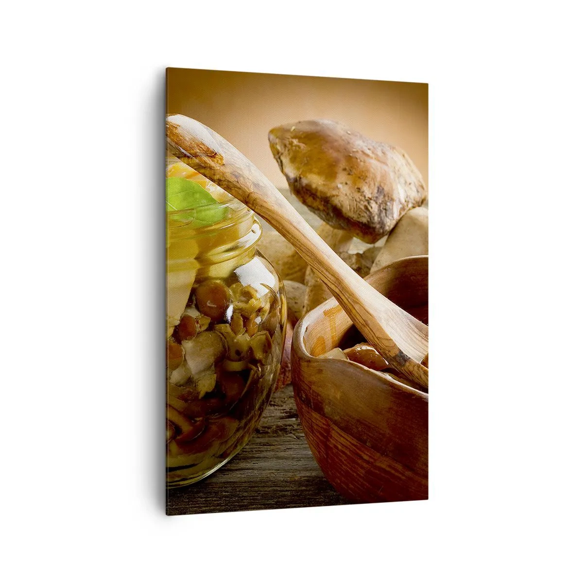 Quadro su tela - Stampe su Tela - Funghi naturali in un barattolo su un tavolo rustico - 80x120cm - Freschi, conservati, autunnali... - Decorazione murale moderna per soggiorno e camera da letto ARTTOR