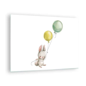 Quadro su vetro - Un coniglietto che tiene due palloncini - 70x50cm - Volo anch'io! - Decorazione murale moderna per soggiorno e camera da letto ARTTOR