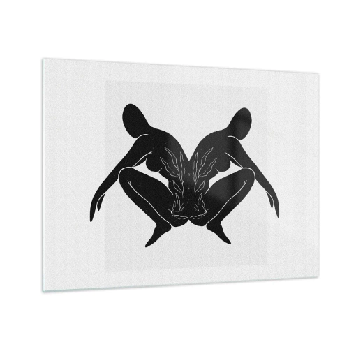 Quadro su vetro - Figure nere che formano un cuore simmetrico su uno sfondo bianco - 70x50cm - Anima comune - Decorazione murale moderna per soggiorno e camera da letto ARTTOR