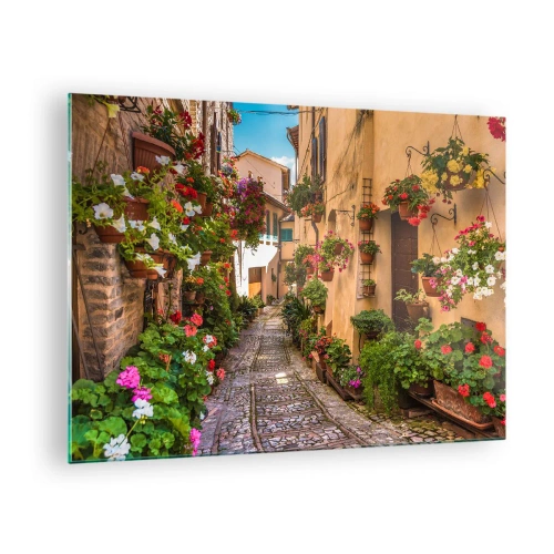 Quadro su vetro - Un affascinante vicolo italiano con fiori in vaso e una strada acciottolata - 70x50cm - Angolo italiano - Decorazione murale moderna per soggiorno e camera da letto ARTTOR