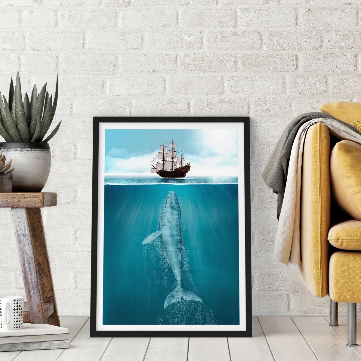 Poster in cornice nera - Una nave sulla superficie dell'acqua con una balena sotto, in uno scatto surreale - 50x70cm - Meglio non sapere - Decorazione murale moderna per soggiorno e camera da letto ARTTOR