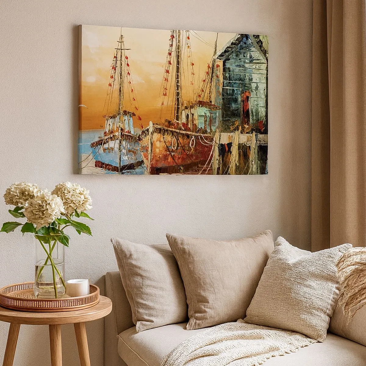 Quadro su tela - Stampe su Tela - Barche sulla riva nella calda luce del tramonto - 70x50cm - Ritorno tranquillo - Decorazione murale moderna per soggiorno e camera da letto ARTTOR