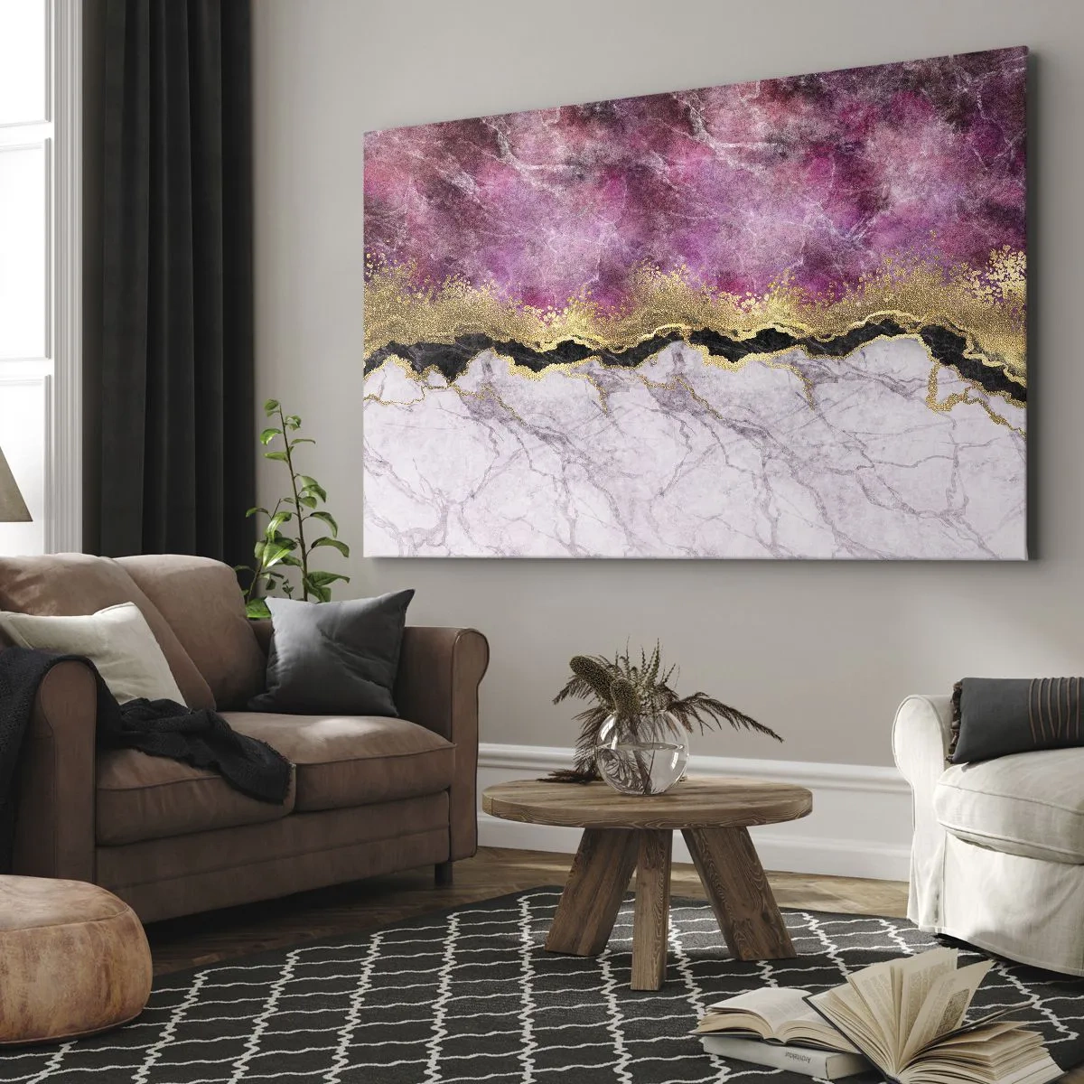 Quadro su tela - Stampe su Tela - Marmo astratto nei toni del rosa con accenti dorati - 120x80cm - Sul confine - Decorazione murale moderna per soggiorno e camera da letto ARTTOR