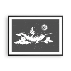 Poster in cornice nera - Un astronauta sul dorso di un narvalo che fluttua in una scena spaziale. - 70x50cm - Il cavaliere dello spazio - Decorazione murale moderna per soggiorno e camera da letto ARTTOR